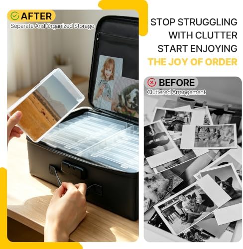 Photo Storage Box with 18 Inner Photo Case, Photo Organizer Box with Lock, PU Storage Containers with Handles & Lid, Keepsake Box for Home, Office, Travel, Pictures & Memories Storage Cards, Grey
