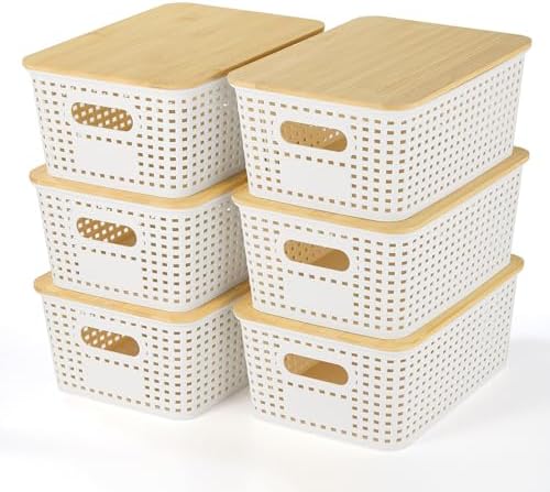 6 Pack Plastic Storage Baskets with Bamboo Lids for Organization