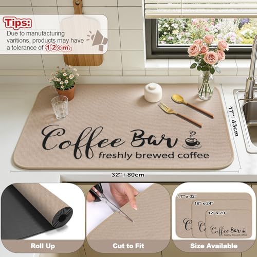 Dish Drying Mat, 17"x 32" Super Absorbent & Hide Stain Coffee Mat, Cuttable Drying Mat for Kitchen Counter, Coffee Bar Accessories, Under Dish Rack, Coffee Maker, Espresso Machine, Linen