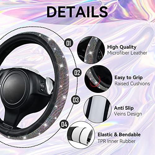 11 PCS Bling Diamond Car Accessories for Women, Sparkly Rhinestone Steering Wheel Cover Bling Seat Belt Cushion, Glitter Shift Knob Cover Car Cup Holder Coaster, Cute Interior Sets Multicolor