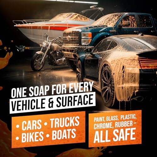 Orange Foam Car Wash Soap – pH Balanced Super Soapy Shampoo & Surface Cleaner – Thick Foaming Suds for Cars, Trucks, SUVs & Boats – Streak-Free Shine, Safe on Wax & Sealant (64 FL OZ)