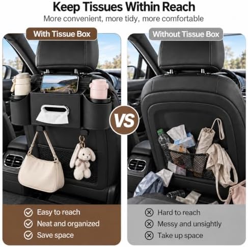 Back Seat Car Organizer, 2 Cup Holders, Tissue Holder, Phone Stand & Hooks