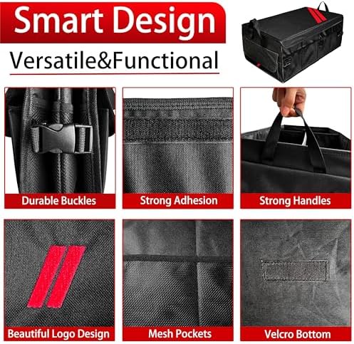 Car Trunk Organizer for Dodge Charger Durango Challenger Ram Collapsible Storage Box with Handle Foldable Lid Non Slip Bottom 2 Compartment Sturdy Base Panel for Dodge Accessories(Red Trim)