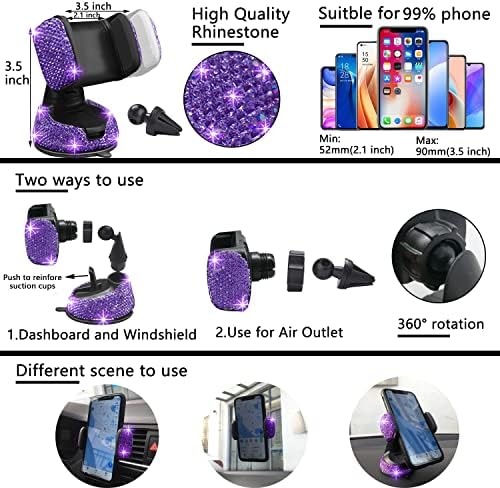 27 PCs Purple Violet Bling Car Accessories Set for Women, Steering Wheel Covers Universal Fit 15 Inch, Bling License Plate Frame, Bling Phone Holder, Bling Car Coasters