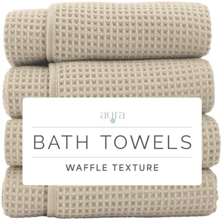 Aura Waffle Bath Towels, 4 Pack, 30" x 60", Beige