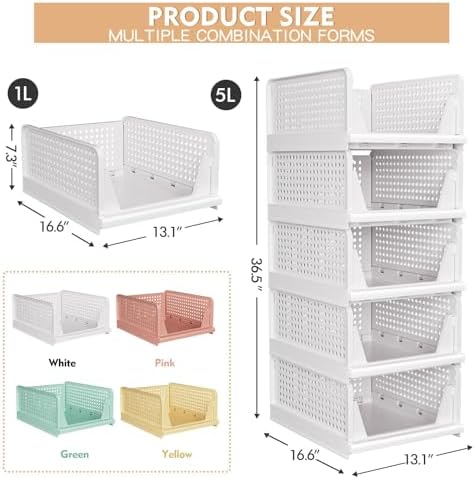 5 Pack Stackable Closet Storage Basket - Stackable Storage Bins