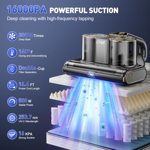 Mattress Bed Vacuum Cleaner with 16Kpa Suction & 253.7nm UV-C Light