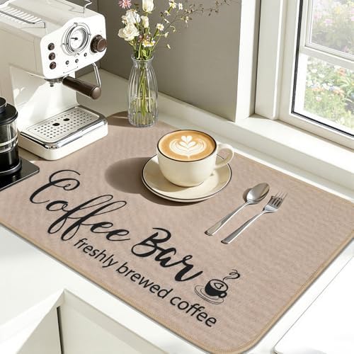 Dish Drying Mat, 17"x 32" Super Absorbent & Hide Stain Coffee Mat, Cuttable Drying Mat for Kitchen Counter, Coffee Bar Accessories, Under Dish Rack, Coffee Maker, Espresso Machine, Linen