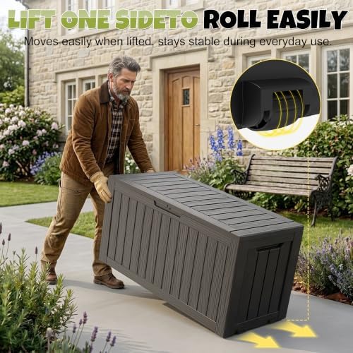 155 Gallon Deck Box Waterproof Outdoor Storage Box with Wheels, Black