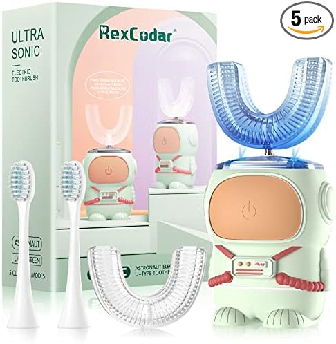 RexCodar Ultrasonic Kid's U-Shaped Electric Toothbrush, IPX7 Waterproof, Five Cleaning Modes, Cartoon Astronaut, 60S Smart Reminder (6-12 Age (Green))