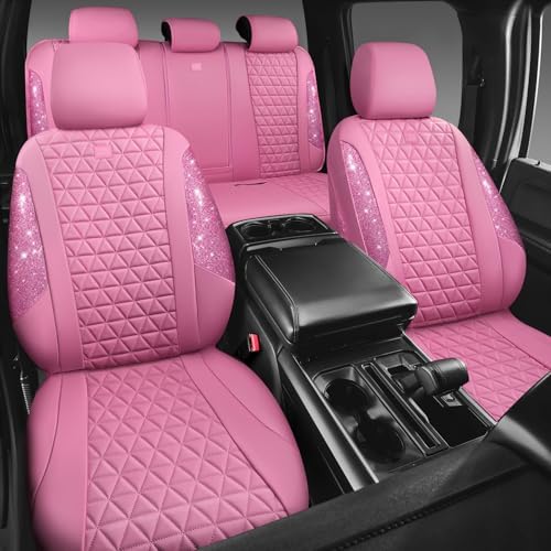 Bling Diamond Pink Leather Car Seat Covers Full Sets Interior Sets, Waterproof Shining Glitter Sparkly Crystal Universal Armrest Fit for Automotive Truck SUV Cute Women Girl, Pink Rhinestone