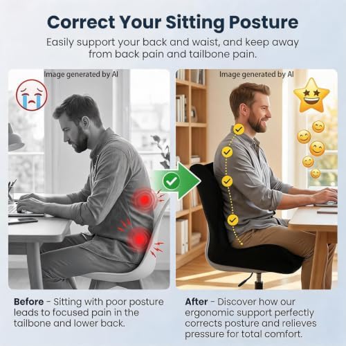 Ergonomic Seat Cushion & Lumbar Support Pillow for Office Chair, Memory Foam Office Chair Cushion for Tailbone Comfort, Car Seat Cushion for Long Sitting