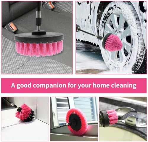 8 Pcs Drill Brush Attachment Set, Power Cleaning Scrub Brush Kit with Extend Long Attachment, All Purpose Drill Scrub Brushes for Car, Grout, Floor, Tub, Bathroom and Kitchen (Pink)