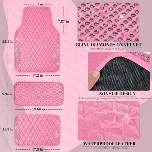 Bling Leather Car Mats Shining Diamond Floor Mats Crystal Rhinestones Sparkly Glitter Carpet Anti-Slip Waterproof Pad Universal Fit for Automotive SUV, Sedan, Van, 5pcs for Girl Women Pink