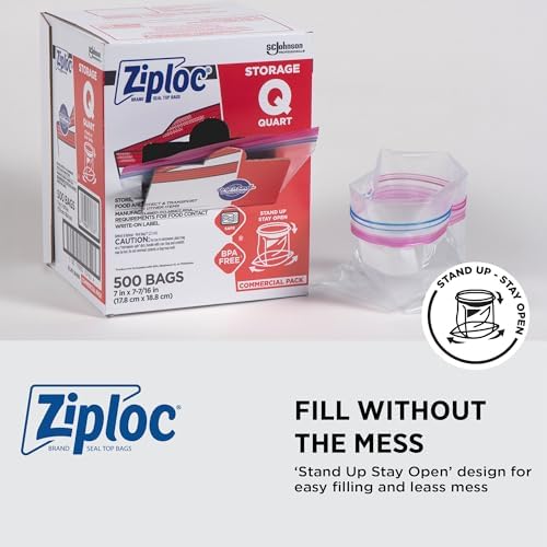Ziploc Storage Bags, For Food Organization and Storage, Double Zipper Seal, Easy-Open Tabs Quart, 500 Count