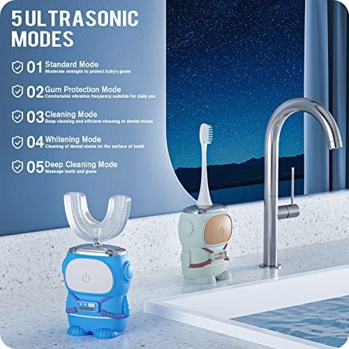 RexCodar Ultrasonic Kid's U-Shaped Electric Toothbrush, IPX7 Waterproof, Five Cleaning Modes, Cartoon Astronaut, 60S Smart Reminder (6-12 Age (Green))