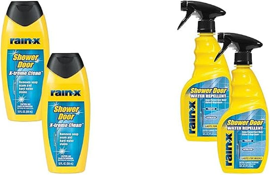 Rain-X Shower Door Care Bundle: 12 Fl. Oz X-Treme Clean Glass Cleaner & 16 Fl. Oz Water Repellent for Soap Scum & Hard W