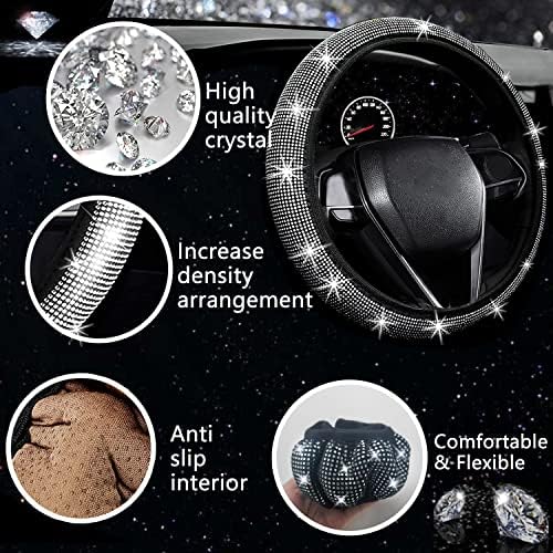 27 PCs Bling Car Accessories Set for Women, Steering Wheel Covers Universal Fit 15 Inch, Bling License Plate Frame, Bling Phone Holder, Bling Car Coasters (Silver Diamond)