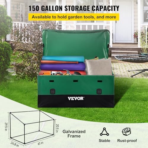 Outdoor Storage Box, 150 Gallon Waterproof PE Tarpaulin Deck Box w/Galvanized Frame, All-Weather Protection & Portable, for Camping, Garden, Poolside, and Yard, Black & Green
