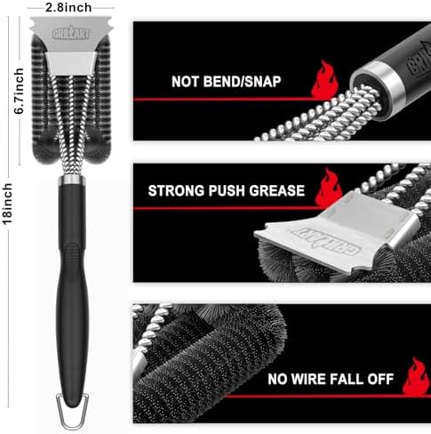 Grill Brush, 18'' Extra-Strong Handle, BBQ Cleaner with Scraper