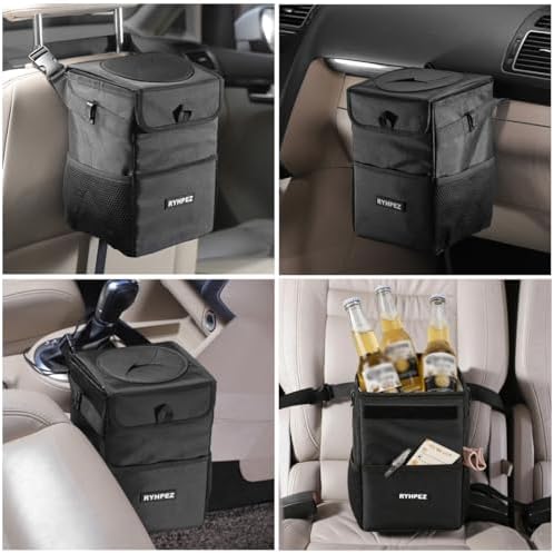 Ryhpez Car Trash Can with Lid, Hanging Trash Bin Car Garbage Can, Leakproof