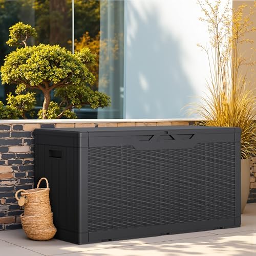 Outdoor Storage Box 100 Gallon Storage Bin with Lid for Patio Furniture, Garden Tools, Pool Supplies, Lockable, Waterproof and UV Resistant, Black