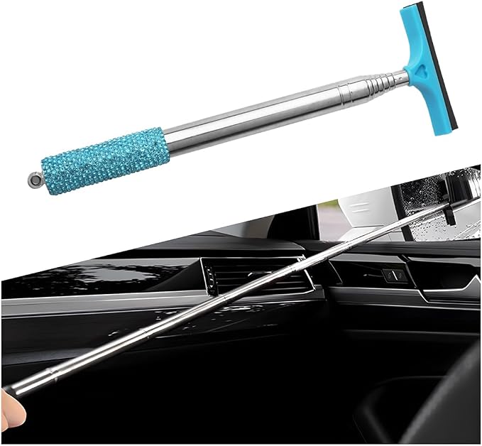 Bling Car Rearview Mirror Wiper, Retractable Rhinestone Long Handle Vehicle Rear View Mirror Window Squeegee Cleaner, Po