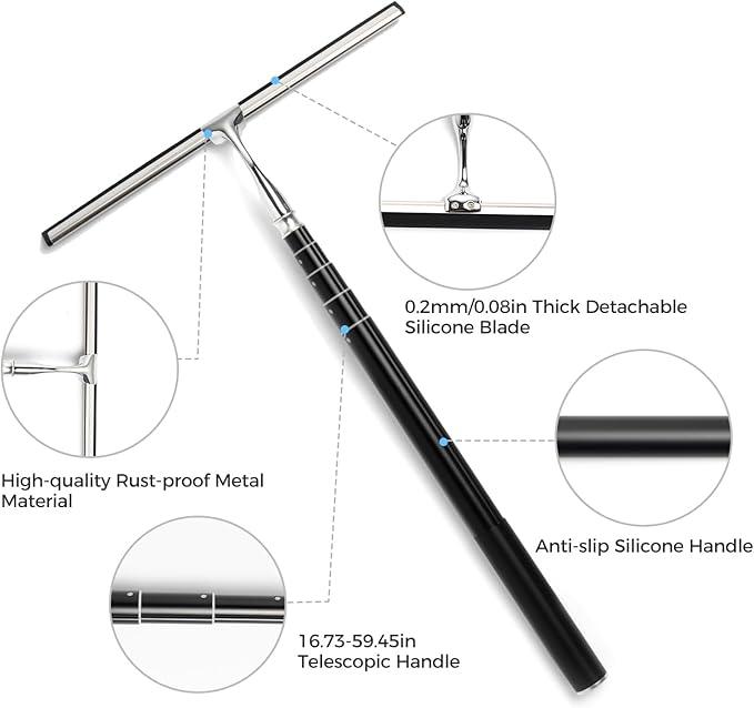 16.7“- 59.5" Long Handle Window Squeegee with Extension Pole, 12.4" Wide Metal Shower Squeegee for Glass Doors, 2-in-1 Squeegee for Home Window Cleaning, Tile Wall, Car (Silver)