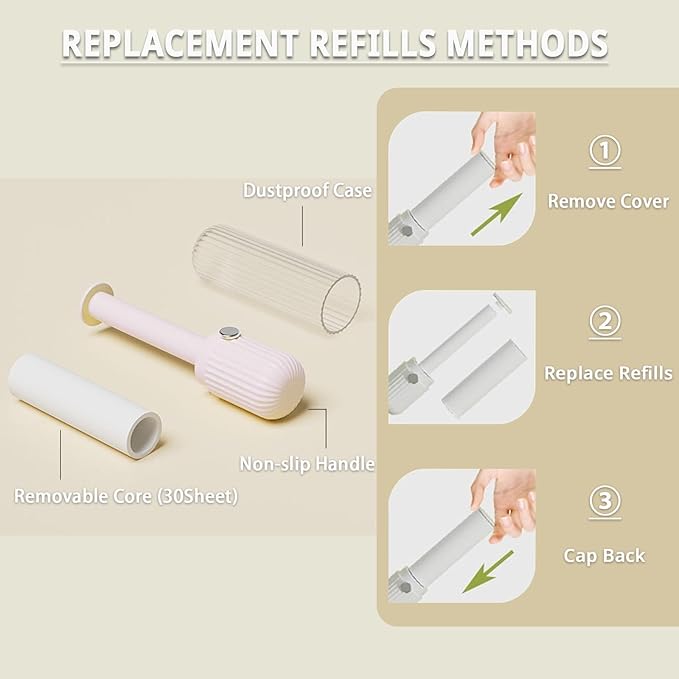 Compact Lint Roller with 150 Sheets - Portable Pet Hair Remover for Clothes, Furniture, and Travel Essentials Household Use, 1 Handle+5 Roller Refills (Pink)