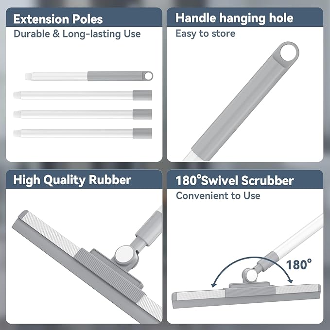 Floor Squeegee with 180° Rotating Head, Squeegee for Floor with 52'' Long Handle, Squeegee Broom, Squeegee for Window Cleaning, Bathroom Tile, Garage Concrete, Deck, Shower Glass (White)