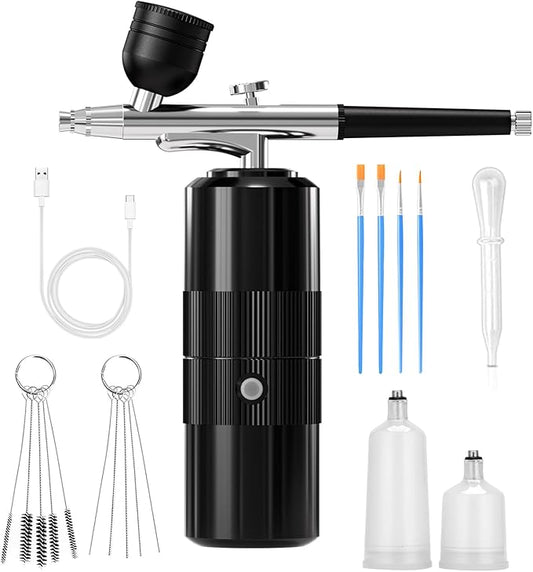 Airbrush Kit with Compressor Portable Airbrush Kit 48PSI High-Pressure Non-Clogging Air Brush Set Cordless Rechargeable with 0.3mm Nozzle and Cleaning Brush for Painting,Nail Art, Makeup (black)