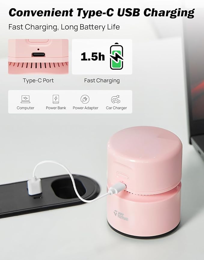 JOYTUTUS Mini Vacuum Cleaner Desk Vacuum Portable Cordless 360º Rotatable Handheld Vacuum 2 Suction Modes USB for Car/Home/Pet Hair/Office/Desk/Keyboards Pink