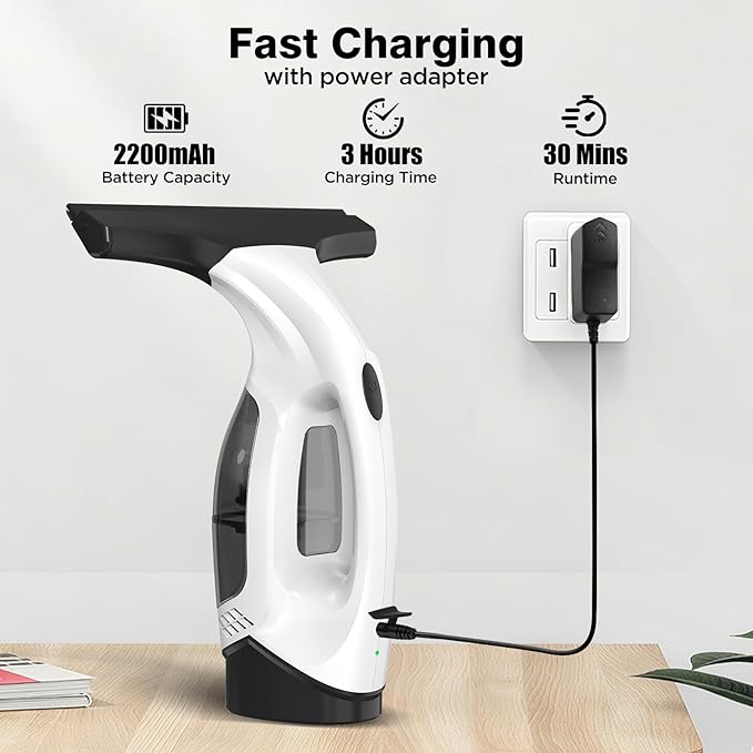 Window Vacuum Squeegee Cordless, 2000Pa Electric Window Cleaner Tool with 2200mAh & 150ml Water Collection Tank, Cleaning Kit Shower Squeegee for Glass Doors, Tiles, Mirrors, Car (White)