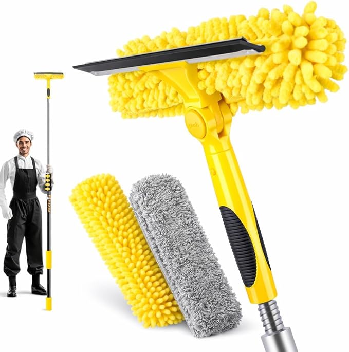 30FT High Reach Window Squeegee with Extension Pole, 2 in 1 Window Washing Kit with 6-Stage Telescopic Pole & Rotatable Head, No-Ladder Window Cleaner for High Window, Solar Panel, RV & Outdoor Glass