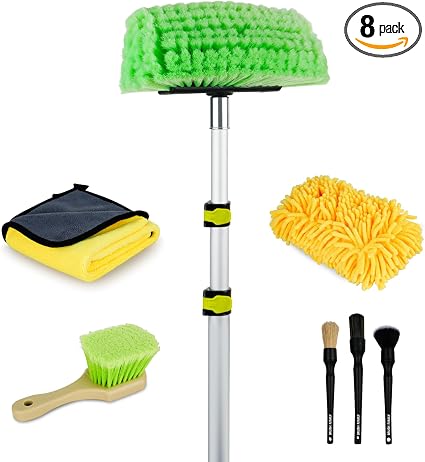 10FT Car Wash Brush with Long Handle, Car Cleaning Kit with Telescoping Pole and Soft Bristles Cleaning Brush, Detailing