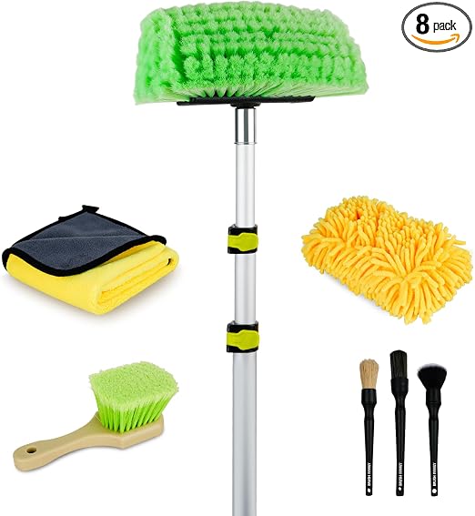 10FT Car Wash Brush with Long Handle, Car Cleaning Kit with Telescoping Pole and Soft Bristles Cleaning Brush, Detailing
