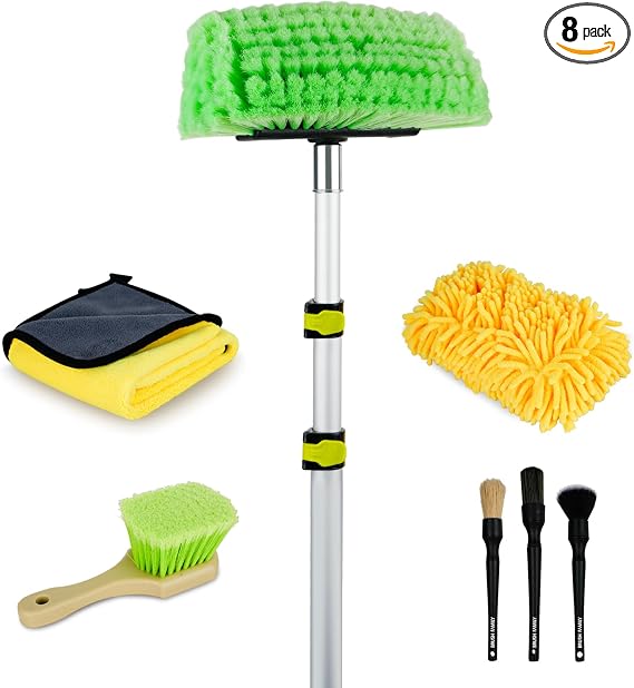 10FT Car Wash Brush with Long Handle, Car Cleaning Kit with Telescoping Pole and Soft Bristles Cleaning Brush, Detailing