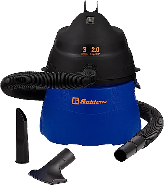 Koblenz Wet Dry Vacuum Cleaner, 3 Gallon 2.0 PHP, Twist-N-Lock Hose, Small Shop Vac, Portable Shop Vac for Home Car Garage Workshop, 10 ft Reach, Accessories Included, Blue/Black, WD-353L