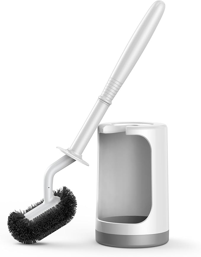 HAMITOR Toilet Bowl Brush Holder Set: Curved Design with Holder for Deep Cleaning Under Rim - Compact Hidden Scrubber for Small Space - Modern RV Bathroom Accessories - White 1 Pack