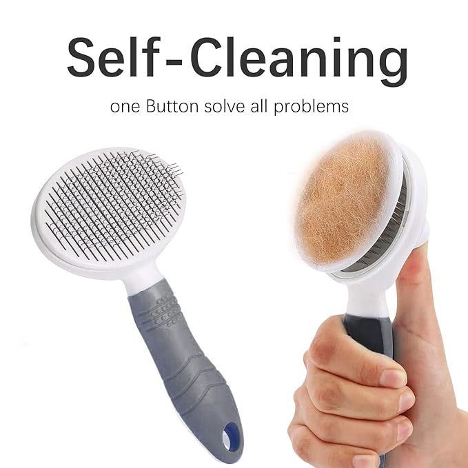 Self Cleaning Slicker Brush - Cat Brush Skin-Friendly Deshedding Grooming Massaging Tool for Long & Short Haired Pets, Cat Hair Brushes Easy Removes Undercoat for Dogs Cats Rabbits-UPGRADED, Gray