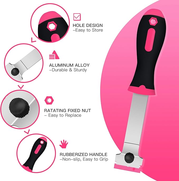 DEKEones Razor Blade Scraper, 2 PCS Razor Scraper Tool for Removing Label, Registration Sticker, Tint, Grease from Windshield, Appliance, Glass（Pink）