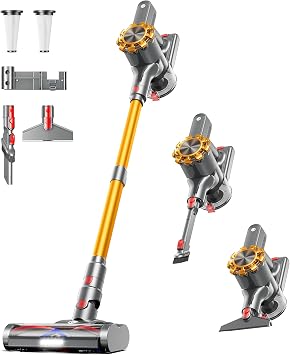 CHEBIO Cordless Vacuum Cleaner, 550W/45Kpa Vacuum Cleaners for Home with LED Display, Anti-Tangle Cordless Stick Vacuum 