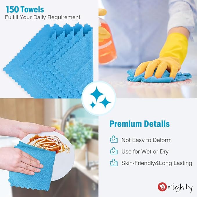 Orighty Cleaning Cloths Bulk, 150 Pack Shop Rags Reusable, Multi-Purpose Shop Towels for Cars, Microfiber Cleaning Rags for Automotive, Mechanic, Kitchen, Lint Free Towels 11.5’’ x 11.5’’, Blue