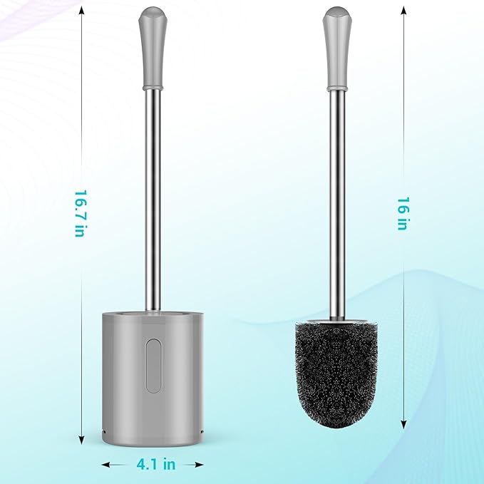 Toilet Brush and Holder Set, 2 Pack with Stainless Steel Handle Toilet Bowl Brush, Compact Toilet Scrubber Brush for Deep Cleaning Bathroom Restroom, Easy to Assemble-Grey
