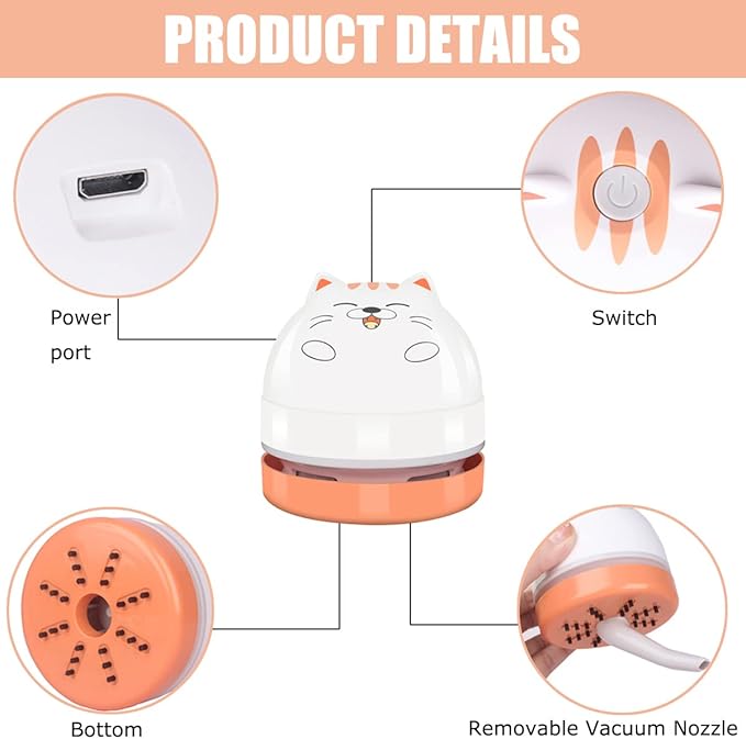 YUNYILAN Mini Desktop Vacuum Cleaner, Portable USB Vacuum Cleaner for Desk Mini Cute Cartoon Desktop Vacuum for Cleaning Eraser Crumbs, Dust, Crumbs, Computer, Keyboard and Car (White Orange)