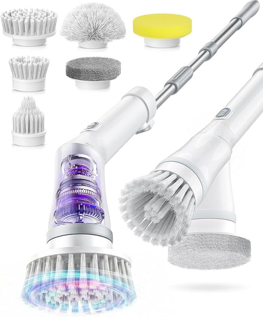 Electric Spin Scrubber, Cordless Floor Scrubber Machine with Interchangeable Cleaning Pads, IPX7 Waterproof 2-Speed Cleaning Pads for Bathroom, Kitchen, Tile, Tub and Floor Cleaning, White-qb2