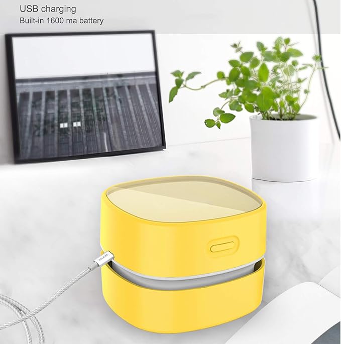 ODISTAR Desktop Vacuum Cleaner,Mini Table dust Sweeper Energy Saving with auto Power-Off Function,High Endurance up to 400 mins,Cordless&360º Rotatable for Keyboard/Home/Offic (Yellow Charging)