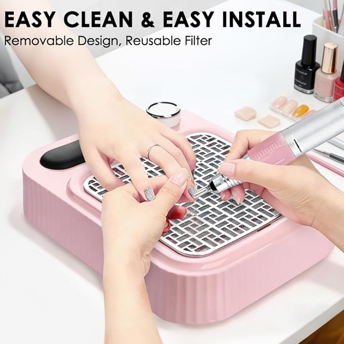 Pink Nail Dust Collector with Reusable Filter for Acrylic Gel Nails, Power Nail Vacuum Cleaner Dust Catcher Adjustable Dust Sucker for Nails Manicure Pedicure at Home Nail Salons