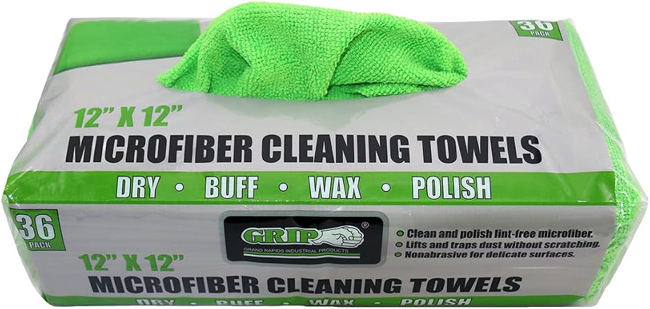 Grip 36 Pack 12" x 12" Microfiber Cleaning Towels - Microfiber Cleans Without Scratching - Clean, Dry, Buff, Wax, Polish