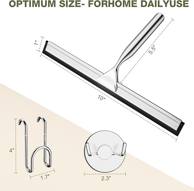 FARMER Shower Squeegee for Glass Doors, 10-Inch Glass Squeegee for Windows, Car Glass and Mirrors, Multi-Purpose Stainless Steel Squeegee with Suction Wall Hook and Over Door Hook, Silver